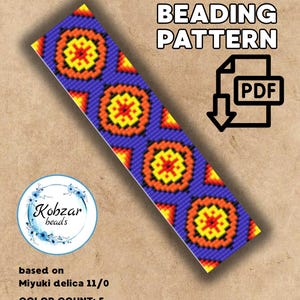 May include: A loom beading pattern in PDF format. The design features a repeating pattern of orange and yellow circular motifs on a blue background. The pattern is 19 x 81 units in size. The text "LOOM BEADING PATTERN" is displayed at the top.