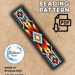 May include: A loom beading pattern in PDF format. The design features a geometric pattern in red, orange, turquoise, and white on a black background. The size is 17 x 65 mm. The text includes "LOOM BEADING PATTERN" and "Kobzar beads".