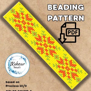 May include: A yellow loom beading pattern with a geometric design in orange and green. The pattern is labeled "LOOM BEADING PATTERN" and includes a PDF icon. The size is 21 x 63, and the color count is 3.