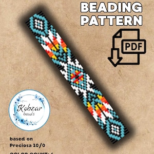 Op de afbeelding: Een weefpatroon voor kralen in PDF-formaat. Het ontwerp heeft een geometrisch patroon in turquoise, oranje, gele en witte kralen op een zwarte achtergrond. Het patroon is 13 x 65 eenheden groot. De tekst "LOOM BEADING PATTERN" staat bovenaan.