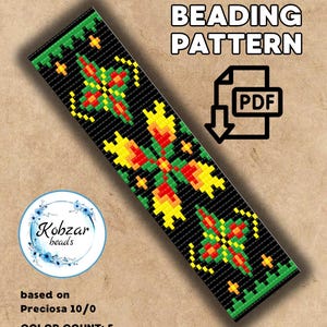 May include: A black loom beading pattern with a floral design in red, yellow, and green. The pattern is labeled "LOOM BEADING PATTERN" and includes a PDF icon. The size is 23 x 63, and the color count is 5.