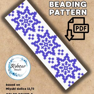 May include: A white and blue loom beading pattern with snowflake designs. The pattern is based on Miyuki Delica 11/0 beads and is 25 x 83 in size. The image includes the text "LOOM BEADING PATTERN" and a PDF icon.