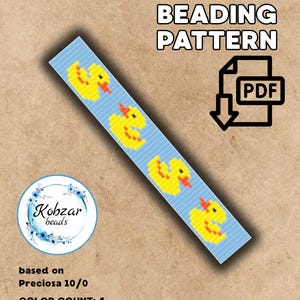 May include: A light blue loom beading pattern featuring yellow ducklings with orange beaks. The pattern includes the text "LOOM BEADING PATTERN" and "PDF". The size is 14 x 62.