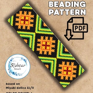 May include: A loom beading pattern in PDF format. The design features a repeating geometric pattern in black, orange, yellow, green, and red. The pattern is based on Miyuki Delica 11/0 beads and measures 25 x 83 units. The color count is 6.