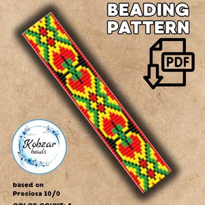 May include: A colorful loom beading pattern in red, yellow, green, and black. The design is a repeating geometric pattern. The image includes the text "LOOM BEADING PATTERN" and "PDF". The pattern size is 17 x 63.