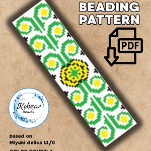 May include: A loom beading pattern in a PDF format. The design features a repeating pattern of green, yellow, and black floral motifs on a white background. The pattern is 21 x 83 units in size and based on Miyuki delica 11/0 beads.