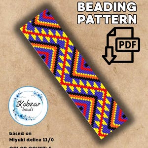 May include: A colorful loom beading pattern in a PDF format. The design features a geometric pattern with blue, yellow, red, and orange beads. The pattern is based on Miyuki Delica 11/0 beads and measures 20 x 82. The image also includes the text "LOOM BEADING PATTERN".