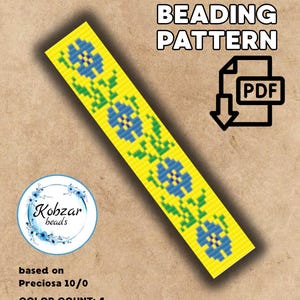 Loom Bracelet Pattern: Ukraine Flag Floral Beading Cuff (PDF Download)