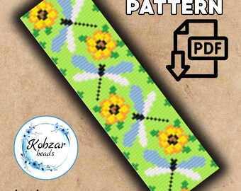 Dragonfly Miyuki Delica Loom Bracelet Pattern | Cross Stitch Design (PDF Pattern) Red flowers