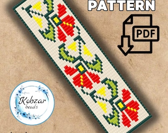Loom Bracelet Pattern | Cross Stitch Red Flower, Preciosa Beads (PDF Pattern)