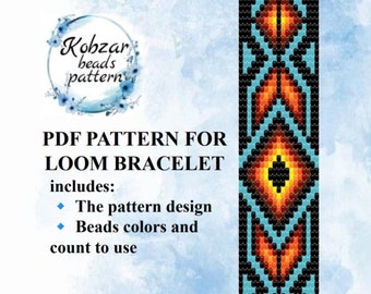 Pattern for loom bracelet | Loom Beading Cuff Bead Pattern Geometric Black Blue Yellow | Preciosa | PDF Instant Download Kobzar