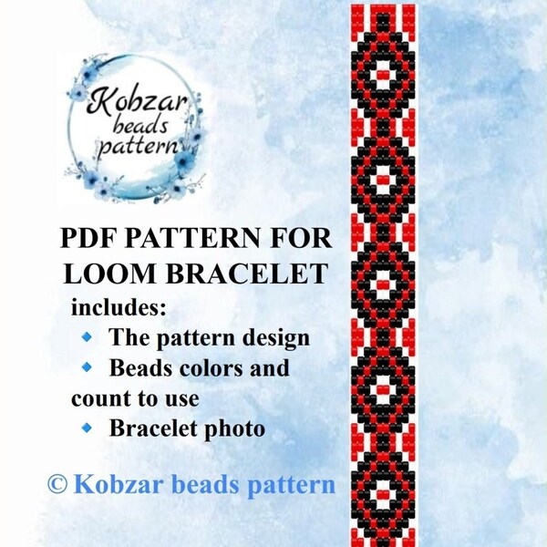 Pattern for loom bracelet Loom Beading Cuff Bead Geometric ornament Preciosa beads PDF Instant Download  Kobzar Black Red White