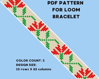 Pattern for loom bracelet Loom Beading Cuff Bead  Flora Modern ornament Miyuki Delica beads PDF Instant Download  Kobzar Red Flowers Green
