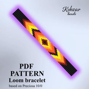 May include: A digital PDF pattern for a loom bracelet featuring a geometric design with black, yellow, orange, and red beads. The text reads Kobzar beads, PDF PATTERN Loom bracelet based on Preciosa 10/0, and P-45. The pattern is displayed diagonally.