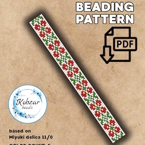 May include: A loom beading pattern in PDF format. The design features a repeating floral pattern in red and green on a white background. The pattern is 11 x 85 units in size and based on Miyuki Delica 11/0 beads. The color count is 5.