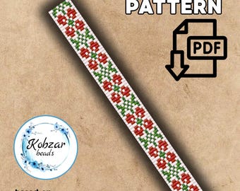 Geometric Loom Beading Pattern | Miyuki Delica Seed Beads (PDF Pattern) red flowers