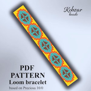 May include: A rectangular loom bracelet pattern featuring a repeating geometric design in yellow, orange, turquoise, and brown. The text reads: Kobzar beads, PDF PATTERN Loom bracelet based on Preciosa 10/0, and P-52. The pattern is displayed diagonally.