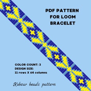 May include: A digital PDF pattern for a loom bracelet featuring a repeating geometric design in yellow, dark blue, and light blue beads. The text reads: PDF PATTERN FOR LOOM BRACELET, COLOR COUNT: 3, DESIGN SIZE: 11 rows X 64 columns, Kobzar beads pattern.