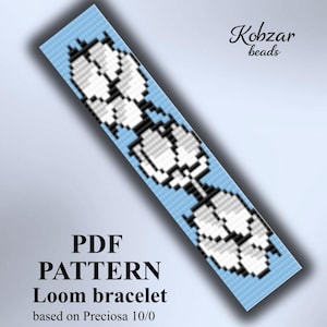 May include: A rectangular bead loom bracelet pattern featuring a light blue background with white and black floral motifs. The text reads Kobzar beads, PDF PATTERN Loom bracelet based on Preciosa 10/0, and P-6. The design is displayed at an angle.