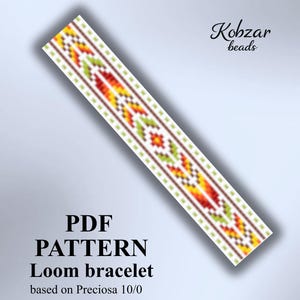 May include: A digital PDF pattern for a loom bracelet featuring a geometric design with red, yellow, green, and white beads. The text reads Kobzar beads, PDF PATTERN Loom bracelet based on Preciosa 10/0, and P-62. The pattern is displayed diagonally.