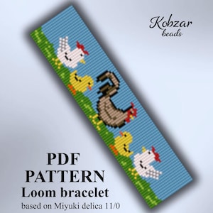 Patrón de abalorios de gallina en PDF, patrón de pulsera de telar de animales de granja, lindo patrón de telar de abalorios de gallo, gallina y pollitos para Miyuki Delica (descarga digital)