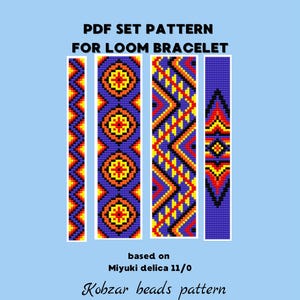 May include: A digital PDF pattern set for loom bracelets. The designs feature colorful geometric patterns in red, yellow, orange, and blue. The text reads "PDF SET PATTERN FOR LOOM BRACELET" and "Kohzar beads pattern".