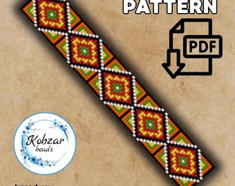 Miyuki Delica Loom Bracelet Pattern | Cross Stitch Design (PDF Pattern) Geometric ornament red white orange black yelow green
