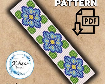 Miyuki Delica Loom Bracelet Pattern | Cross Stitch Design (PDF Pattern) blue flowers