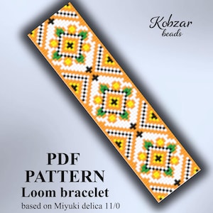 May include: A rectangular beadwork pattern for a loom bracelet featuring a geometric design in orange, white, green, yellow, and black. The text reads: Kobzar beads, PDF PATTERN Loom bracelet based on Miyuki delica 11/0, and M-31.