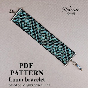 May include: A loom bracelet featuring a geometric pattern in black and turquoise beads. The text reads: Kobzar beads, PDF PATTERN, Loom bracelet, based on Miyuki delica 11/0, M-14. The bracelet has silver-toned metal end bars and a lobster claw clasp.
