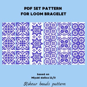 May include: A digital PDF pattern set for loom bracelets. The design features various geometric patterns in blue and white. Text includes "PDF SET PATTERN FOR LOOM BRACELET", "based on Miyuki delica 11/0", and "Kobzar beads pattern".