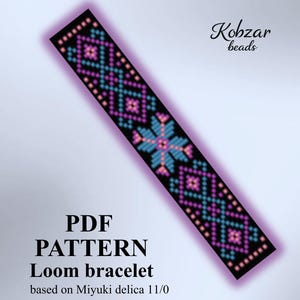 May include: A rectangular PDF pattern for a loom bracelet by Kobzar beads, labelled BTM-27. The design features a black background with a repeating geometric pattern in bright blue, pink, and purple beads, based on Miyuki delica 11/0 beads.