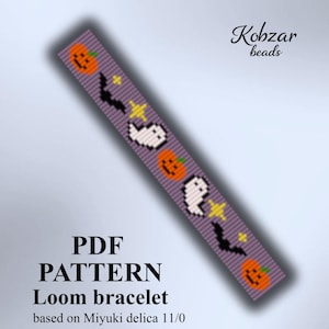 May include: A rectangular loom bracelet pattern featuring a repeating Halloween design on a purple background. The pattern includes orange pumpkins, white ghosts, black bats, and yellow stars. Text reads: Kobzar beads, PDF PATTERN Loom bracelet based on Miyuki delica 11/0, BTM-41.