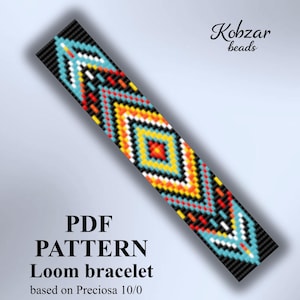 May include: A rectangular loom bracelet pattern featuring a geometric diamond design in black, turquoise, yellow, orange, and white beads. The text reads: Kobzar beads, PDF PATTERN Loom bracelet based on Preciosa 10/0, and P-59.