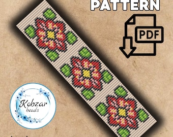 Miyuki Delica Loom Bracelet Pattern | Cross Stitch Design (PDF Pattern) red flowers