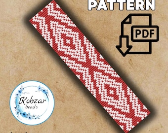 Miyuki Delica Loom Bracelet Pattern | Cross Stitch Design (PDF Pattern) Geometric ornament red white
