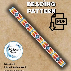 May include: A digital PDF pattern for peyote and brick beading featuring a geometric design with white, red, orange, yellow, and blue beads. The text reads PEYOTE / BRICK BEADING PATTERN, Kobzar beads, based on Miyuki delica 11/0, COLOR COUNT: 6, SIZE: 9 X 97, and BTM-21.