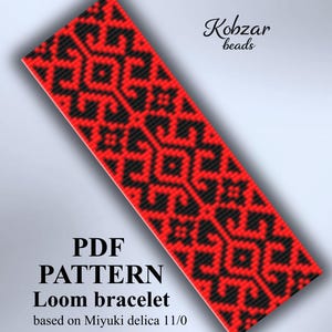 May include: A rectangular beadwork pattern for a loom bracelet featuring a geometric design in red and black. The text reads Kobzar beads, PDF PATTERN Loom bracelet based on Miyuki delica 11/0, and M-58. The design consists of repeating diamond shapes.