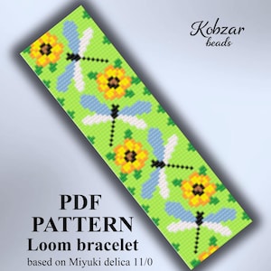 May include: A rectangular bead loom bracelet pattern featuring a repeating design of yellow sunflowers and light blue dragonflies on a bright green background. The text reads Kobzar beads, PDF PATTERN Loom bracelet based on Miyuki delica 11/0, and M-66.