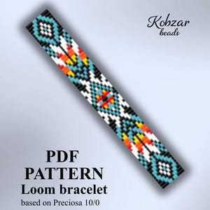 May include: A digital PDF pattern for a loom bracelet featuring a geometric design with black, white, turquoise, and orange beads. The text reads Kobzar beads, PDF PATTERN, Loom bracelet, based on Preciosa 10/0, and P-60. The pattern is displayed diagonally.