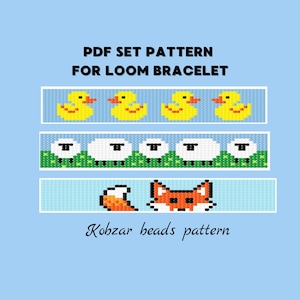 Könnte beinhalten: Ein digitales PDF-Musterset für Webarmbänder. Das Design zeigt pixelige Bilder von gelben Enten, weißen Schafen und einem orangefarbenen Fuchs. Der Text auf dem Bild lautet "PDF SET PATTERN FOR LOOM BRACELET" und "Kobzar beads pattern".