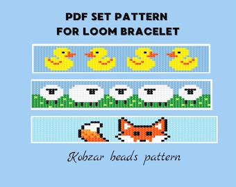 Set of 3 patterns for loom bracelet Beading Cuff Bead Preciosa PDF Instant Download Animals Sheeps Ducks Fox farm