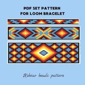 May include: A digital PDF pattern set for loom bracelets. The designs feature geometric patterns in shades of blue, red, yellow, and black. The text "PDF SET PATTERN FOR LOOM BRACELET" and "Kobzar beads pattern" are visible.