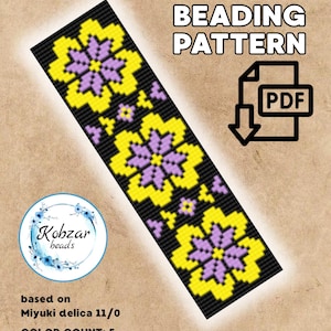 Loom Bracelet Pattern: Violet Flowers, Miyuki Delica Beads (PDF Download)