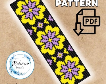 Loom Bracelet Pattern: Violet Flowers, Miyuki Delica Beads (PDF Download)