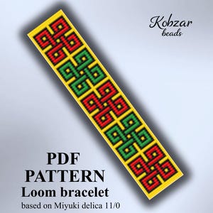May include: A rectangular loom bracelet pattern featuring a repeating geometric design in red, green, and yellow beads. The text reads Kobzar beads, PDF PATTERN Loom bracelet based on Miyuki delica 11/0, and M-29. The design consists of interlocking square motifs.
