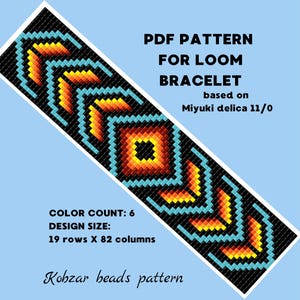 May include: A PDF pattern for a loom bracelet featuring a geometric design with black, light blue, yellow, and orange beads. The text reads: PDF PATTERN FOR LOOM BRACELET based on Miyuki delica 11/0, COLOR COUNT: 6, DESIGN SIZE: 19 rows X 82 columns, Kobzar beads pattern.