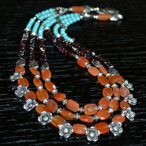 Red chalcedony, garnet and turquoise multistrand necklace