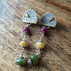 Long ruby sapphire grossular garnet sterling silver post earrings