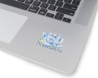 May include: A blue watercolor lotus flower with a yellow center and green leaves. The word "Namaste" is written in blue below the flower.